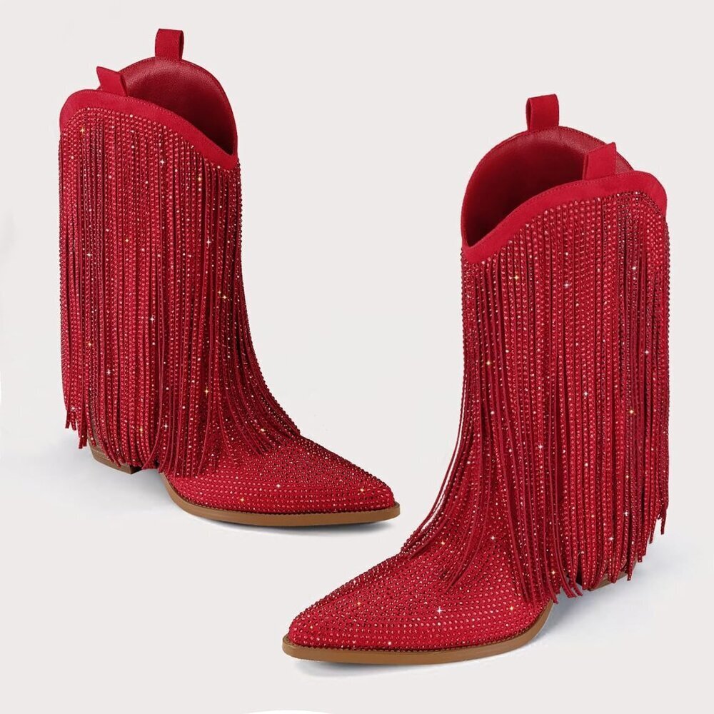 Women's Red Rhinestone Sparkly Fringe Chunky Heel Pointed Toe Ankle Boots - Picture 2 of 7